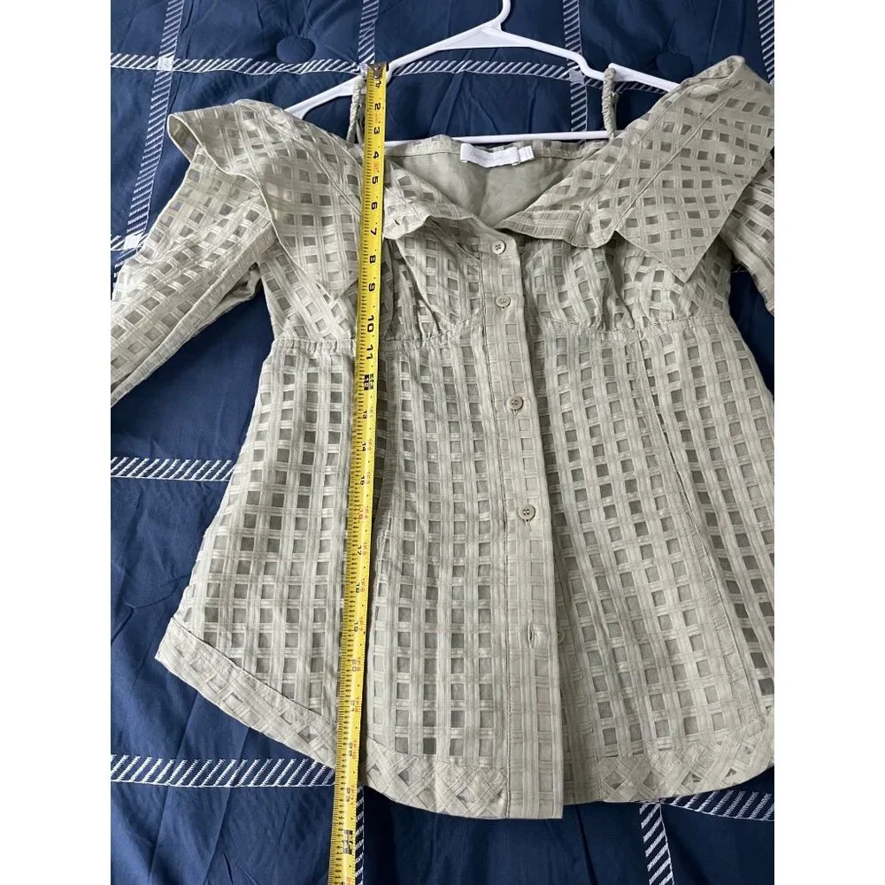 Jonathan Simkhai Paulina Windowpane Cotton Silk Top in Celadon Size XS - Picture 7 of 10